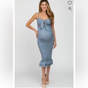 Blue Pinkblush Gingham Print Smocked Fitted Self-Tie Maternity Dress
